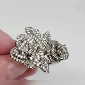 Silver Rose-Shaped Statement Ring with Pavé-Cubic Zirconia 8.5
